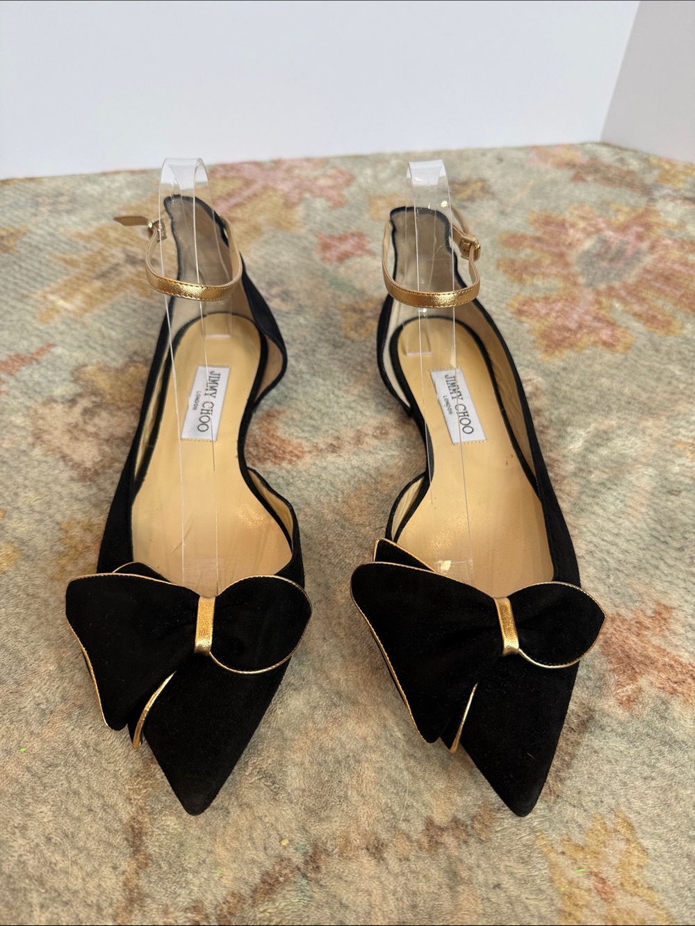 Jimmy Choo Black Suede Pointed Bow Flats with Gold Ankle Strap